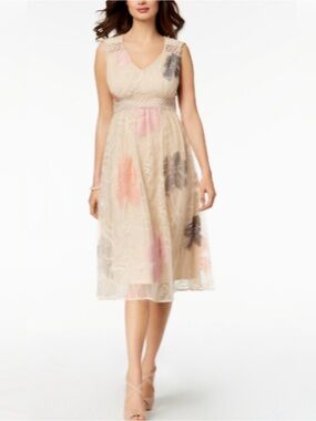 Taylor Floral Embroidered Mesh Midi Dress Beige Pink Size 2 Fit & Flare V-Neck